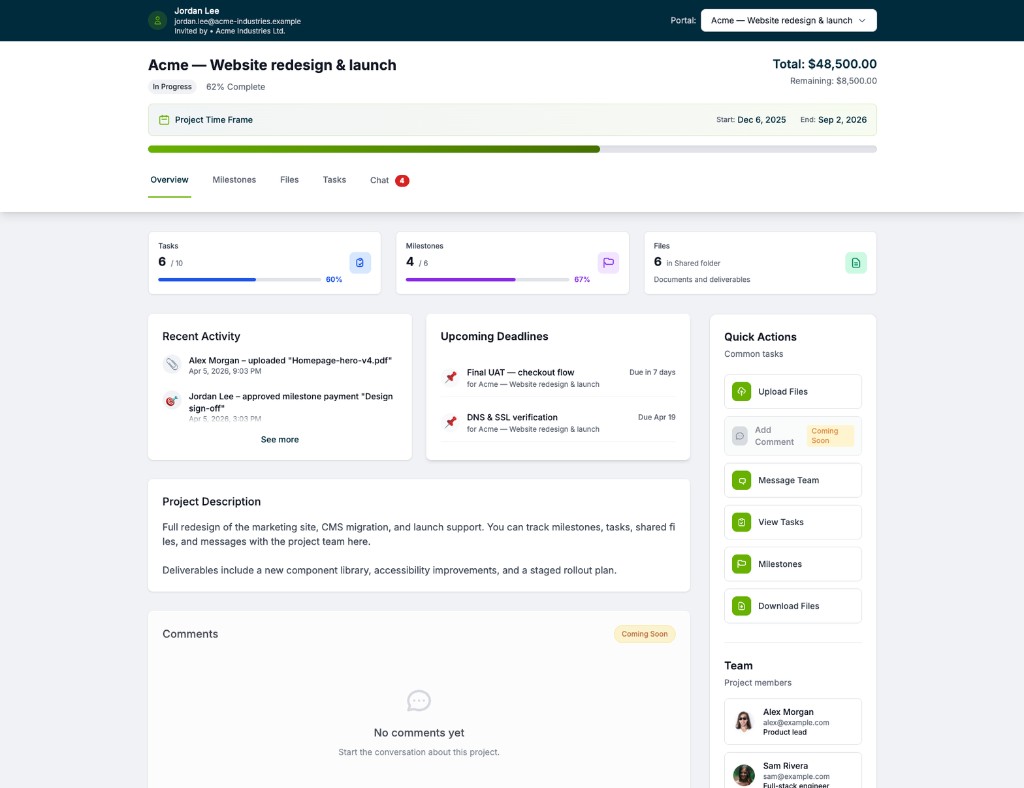 Client portal: project status, milestones, and shared files
